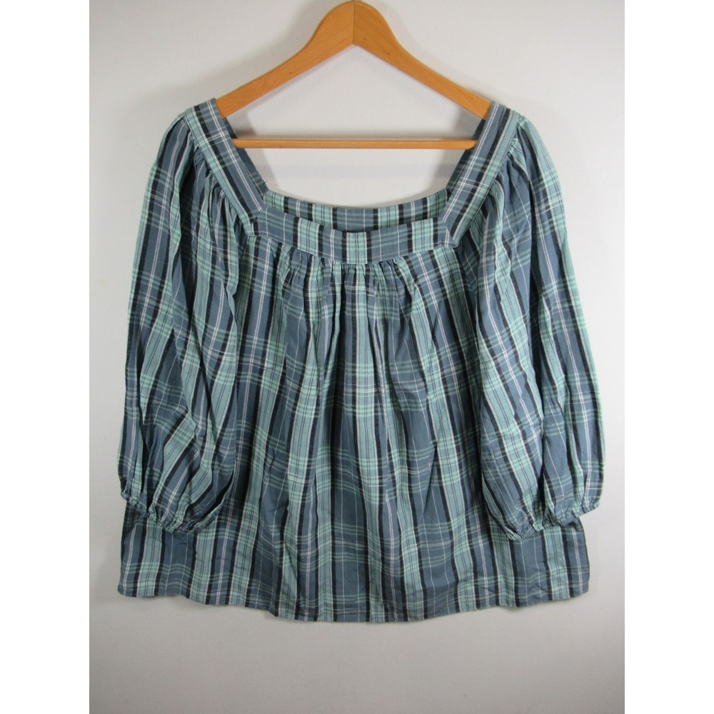 Lauren Conrad Square Neck Peasant Blouse Women 1X Blue Plaid 3/4 Sleeve